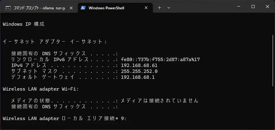 Windowsでipconfigを実行してIPv4アドレスを確認している画面