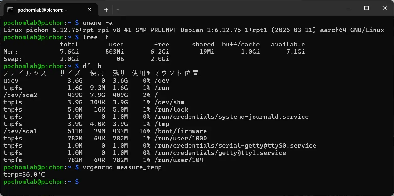 各コマンドを実行した結果